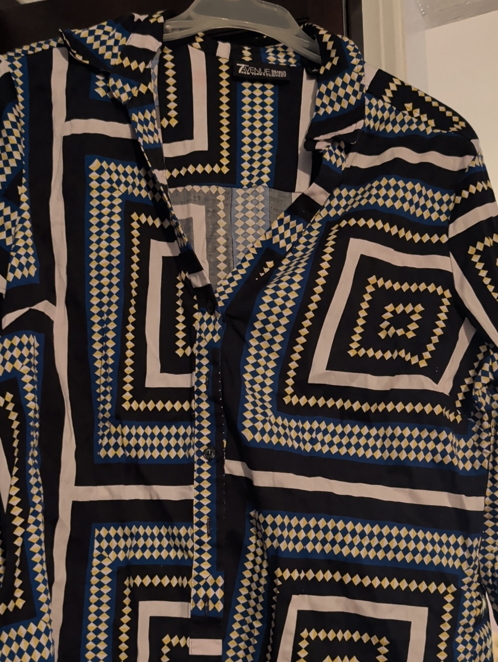 7th Avenue Ladies Geometric Button-Up Shirt in Black, Blue & Cream